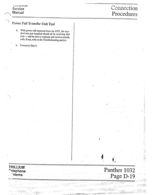 Page 33. . . . . . . . . . . . . . . . . . . . . . . . . . . . . . . . . . . . . . . . . . . . . . . . . . . . . . . . . . . . . . . . . . . . . . . . . . . . . . . . . ..-.................  . . . . . . . - . . . . . . . . . . . . . . . . . . . . . . . . . . . . . _ . . ..-...........-....-..-....................... 
. . . . . . . . . . :: 
Qmne~tion 
. .‘. .,, 
Procedtif& 
Power FaiI Transfer Unit Test 
a With power still removed f?om the KSU, the stark 
dard sets just installed stiould ail be receiving dial...