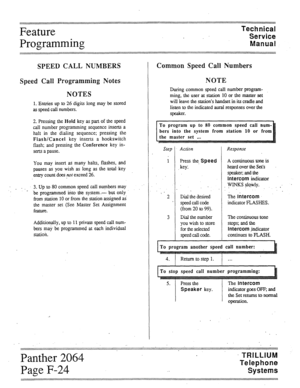 Page 77Feature 
Programming 
. . . . . . . . . . . . . . . . . . . . . . . . . . . . . . . . . . . . . . . . . . . . . . . . . . . . . . . . . . . . . . . . . . . . . . . . . . . . . . . . . 
::::::::::::::::::::::::::::::::::::::::::::::::::::: . . . . . . . . . . . . . . . . . . . . . . . . . . . . . . . . . . . . . . . . . . . . . . . . . . . . . . . . . . . . . . . . . . . . . . . . . . . . . . . . . 
::::::: 
SPEED CALL NUMBERS Common Speed Call Numbers 
Speed Call Programming Notes NOTE 
NOTES 
1. Entries...