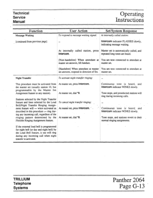 Page 94Technical 
Service 
Manual 
Operating 
lInstructions 
Function User Action i SetiSvstem Resnonse 
Message Waiting 
[continued from previous page] 
Night Transfer 
This procedure must be activated from 
the master set (usually station 10, but 
programmable by the Master Set 
Assignment feature to any station). 
Stations selected by the Night Transfer 
feature and lines selected by the Loud 
Bell/Night Transfer Ringing Assign- 
ment feature will - ‘when activated’as 
described in this procedure - ring dur-...