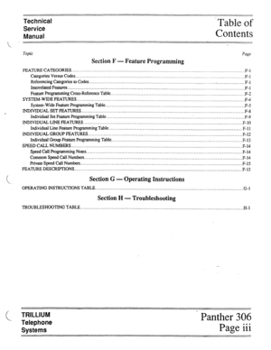 Page 11Technical 
Service 
Manual ’ Table of 
Contents 
Section F - Feature Programming 
FEATURE CATEGORIES .................................................................................................................................... 
F-l 
Categories Versus Codes 
............................................................................................................................... ..F- I 
Referencing Categories to Codes...