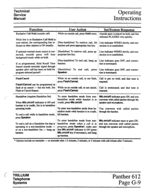 Page 63Technical 
Service 
Manual Operating 
Instructions 
Function i User Action i 
Set/System Response 
Exclusive Call Hold (outside call) While on outside call, press Hold twice. 1 Outside party is placed on hold, and line 
j indicator FLASHES very quickly. 
While line is on Exclusive Call Hold at 
your station, the corresponding line in- 
dicator at other stations is ON steadily. 
If optional external music.source is con- 
nected, outside party will hear 
background music while on hold. 
If so programmed,...