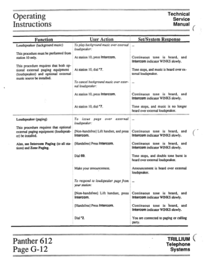 Page 66Operating 
Instructions Technical 
Service 
Manual 
Function : User Action i 
Set/System Response 
Loudspeaker (background music) i To play background music over external i .., 
j loudspeaker: 
This procedure must be performed from j 
station 10 only. ; At station 10, press Intercom. 
This procedure requires that both op- i 
tional external paging equipment 1 At station 10, dial ‘7. 
(loudspeaker) and optional external j 
music source be installed. Continuous tone is heard, and 
Intercom indicator WINKS...