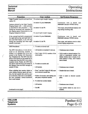 Page 67Technical 
Service 
Manual Operating 
Instructions 
Function i User Action i 
Set/System Response 
Night Transfer (must be activated from i To activate night transfer ringing: i . . . 
station 10) 
; At station 10, press intercom. 
Stations selected by the Night Transfer j 
Ringing feature will - when activated i i Continuous tone is heard, and 
i Intercom indicator WINKS slowly. 
as described in this procedure - ring i At station 10, dial l 9. 
during any incoming call, regardless of : 
the ringing...