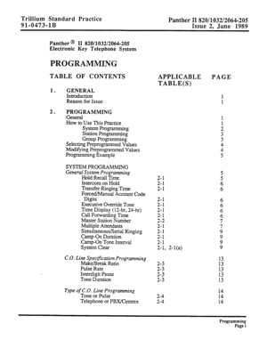 Page 157Trillium Standard Practice 
Panther II 820/1032/2064-205 
91-0473-1.B 
Issue 2, June 1989 
Panther @ II 820/1032/2064-205 
Electronic Key Telephone System 
PROGRAMMING 
TABLE OF CONTENTS 
1. GENERAL 
Introduction 
Reason for Issue 
2. PROGRAMMING 
General 
How to Use This Practice 
System Programming 
Station Programming 
Group Programming 
Selecting Preprogrammed Values 
Modifying Preprogrammed Values 
Programming Example 
SYSTEM PROGRAMMING 
General System Programming 
Hold Recall Time 
Intercom on...