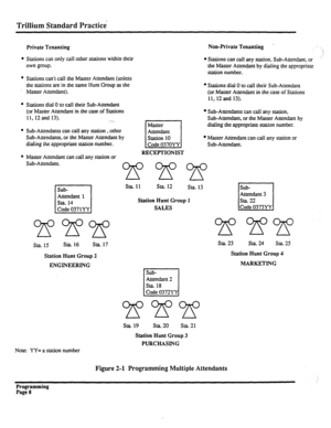 Page 168Trillium Standard Practice 
Private Tenanting Non-Private Tenanting ’ 
SLations can only call other stations within their 
own group. l Stations can call any station, Sub-Auendant, or -’ 
the Master Attendant by dialing the appropriate 
station number. 
Stations can’t call the Master Attendant (unless 
the stations are in the same Hunt Group as the 
Master Attendant). ’ Stations dial 0 to call their Sub-Attendant 
(or Master Attendant in the case of Stations 
11, 12 and 13). 
Stations dial 0 to call...