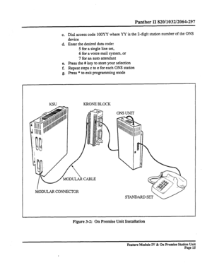 Page 20Panther II 820/1032/2064-297 
c. 
Dial access code 1OOYY where YY is the 2-digit station number of the ONS 
device 
d. 
Enter the desired data code: 
5 for a single line set, 
6 for a voice mail system, or 
7 for an auto attendant 
e. 
Press the # key to store your selection 
f. 
Repeat steps c to e for each ONS station 
g. 
Press * to exit programming mode 
KSU 
KRONE BLOCK 
ODULAR CONNECTOR 
STANDARD SET 
Figure 3-2: On Premise Unit Installation 
Feature Module Iv & On Premise Station Unit 
Page 15  