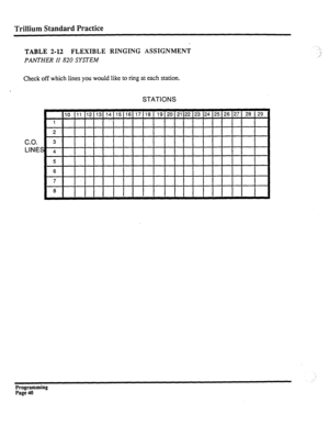 Page 200Trillium Standard Practice 
TABLE 2-12 FLEXIBLE RINGING ASSIGNMENT 
PANTHER II 820 SYSTEM 
Check off which lines you would like to ring at each station. 
STATIONS 
10 11 12 13 14 15 16 17 18 19 20 21 22 23 24 25 26 27 28 2 
1 
2 
C.O. 3 
LINES’ 4 
5 
6 
7 
8 
I I I I I I I I I I I I I I I I I I I I 
Programming 
Page 40  