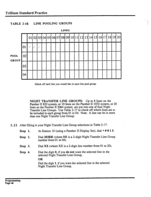 Page 206Trillium Standard Practice 
TABLE 2-16 LINE POOLING GROUPS 
LINES 
POOL 
GROUP 
01 02 03 04 05 06 07 08 09 10 11 12 13 14 15 16 17 18 19 2C 
01 / /’ /’ 
02 
03 
lo41 I I I I I I I ! I I I I I I I I I I I 
Check off each line you would like in each line pool group. 
NIGHT TRANSFER LINE GROUPS: Up to 8 lines on the 
Panther II 820 system, or 10 lines on the Panther II 1032 system, or 20 
lines on the Panther II 2064 system are put into one of four Night 
Transfer Line Groups. Use Table 2-17 to check off...