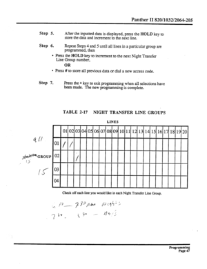 Page 207Panther II 820/1032/2064-205 
Step 5. 
Step 6. 
. 
. 
Press # to store all previous data or dial a new access code. 
Step 7. Press the * key to exit programming when all selections have 
been made. The new programming is complete.  After the inputted data is displayed, press the 
HOLD key to 
store the data and increment to the next line. 
Repeat Steps 4 and 5 until all lines in a particular group are 
programmed, then 
Press the 
HOLD key to increment to the next Night Transfer 
Line Group number, 
OR...