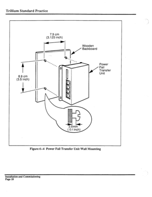 Page 237Trillium Standard Practice 
--. 
7.9 cm 
(3.125 inch) 
-1 Wooden 
8.9 cm 
(3.5 inch) Power 
Fail 
Transfer 
Unit 
Figure 6-4 Power Fail Transfer Unit Wall Mounting 
Installation and Commissioning 
Page 18  