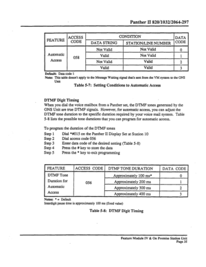 Page 40Panther II 820/1032/2064-297 
ACCESS CONDITION 
FEATURE DATA 
CODE 
DATA STRING 
STATION/LINE NUMBER CoDE 
Not Valid Not Valid 
0 
Automatic 
058 Valid Not Valid 
1 
Access 
Not Valid Valid 
2 
Valid Valid 
3 
Default: Data code 1 
Note: This table doesn’t apply to the Message Waiting signal that’s sent from the VM system to the ONS 
Unit 
Table 5-7: Setting Conditions to Automatic Access 
DTMF Digit Timing 
When you dial the voice mailbox from a Panther set, the DTMF tones generated by the 
ONS Unit are...