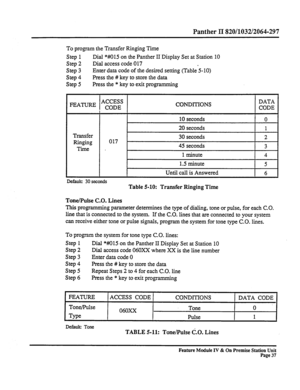 Page 42Panther II 820/1032/2064-297 
To program the Transfer Ringing Time 
Step 1 Dial *#015 on the Panther II Display Set at Station 10 
Step 2 Dial access code 017 
Step 3 Enter data code of the desired setting (Table’S- 10) 
Step 4 Press the # key to store the data 
Step 5 Press the * key to exit programming 
FEATURE ACCESS 
CODE CONDITIONS DATA 
CODE 
10 seconds 0 
20 seconds 1 
Transfer 
30 seconds 2 
Ringing 017 
Time 45 seconds 3 
1 minute 4 
1.5 minute 5 
Until call is Answered 
6 
Defaulr 
30 seconds...