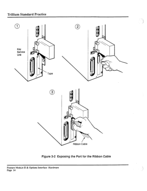 Page 63Trillium Standard Practice 
0 1 
Key Service 
Unit 
 
0 2 
0 3 
Figure 3-2 Exposing the Port for the Ribbon Cable 
Feature ModLIe II & Options Interface Hardware 
Page 14  