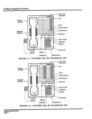 Page 97Trillium Standard Practice 
C.O. Line 
Indicators 
Line 
Ringer - 
Volume 
Speaker 
Volume - Hold 
Flash/Cancel 
Conference 
~Intercom 
Mic On/Off 
Speaker 
Speed 
Asterisk(*) Microphone 
FIGURE 2-3 PANTHER 1032 HF TELEPHONE SET 
Ringer - 
Volume 
Speaker 
Volume - 
St Redial _ Mic On/Off 
- Speaker 
Speed 
Pound (#) 
Asterisk(‘) Microphone 
FIGURE 2-4 PANTHER 2064 HF TELEPHONE SET 
.._ 
. 
., 
Features and Services 
Page 
4  