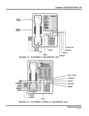 Page 98Panther II 820/1032/2064-l 05 
Ringer 
Volume 
Triuham= RclrpSet -_ w-s 
mm- 
-m 
-- 
-m 
m-m 
-- 
- 
--m 
I 
C.V 
““?mam “1 = 
--,A 4 .e, 1 
Hold 
Redial 
FIGURE 2-5 PANTHER II TELEPHONE SET 
Hold- 
Redial 
S/N Redial 
Display 
Progra EB 
Message I 
Feature i ~ 
I I 
I I Flash/Cancel 
Conference 
Intercom 
Speaker 
Intercom 
Speed 
FIGURE 2-6 PANTHER II DISPLAY TELEPHONE SET 
Features and Services 
Page 5  