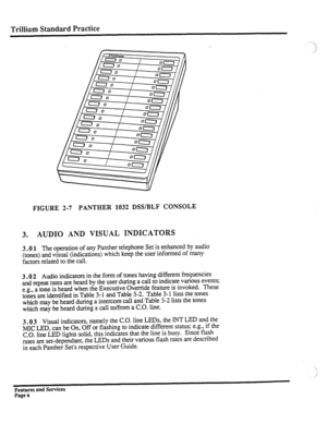 Page 99Trillium Standard Practice 
FIGURE 2-7 PANTHER 1032 DSSlBLF CONSOLE 
3. AUDIO AND VISUAL INDICATORS 
3.0 1 The operation of any Panther telephone Set is enhanced by audio 
(tones) and visual (indications) which keep the user informed of many 
factors related to the call. 
3.0 2 Audio indicators in the form of tones having different frequencies 
and repeat rates are heard by the user during a call to indicate various events; 
e.g., a tone is heard when the Executive Override feature is invoked. These...