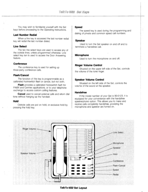 Page 4T 
You may wish to familiarize yourself with the Set 
keys before proceeding to the Operating Instructions. 
Last Number &dial 
When a line key is accessed the last number redial 
key will redial the last number dialed. 
Line Select 
The ten line select keys are used to access any of 
the outside lines, unless programmed otherwise. Line 
select key ten is used to access the Door Answering 
feature. 
Conference 
The conference key is used for setting up 
three-party conference calls. 
Flash/Cancel 
The...