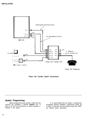 Page 15INSTALLATIONPFUco 3
co 1.2
308 KSUCable Supplied with Power Fail Unit
/
DJ
PlugI3RJ 4 Wire Modular Line Cord
PlugPlug
c
I
IY
L
q
CNJT4TTK 3.4
T3TTK 1.2
T2Tco 3.4TIT
co 1.2
PowerFail TransferUnit
625 Type Jacks
C.O.IPAB; Linesq
Not Usedq -wMaximum 
1
0-p Per incoming Line
PPower Fail Telephone
Power Fail Transfer Option ConnectionsSystem Programming
Before programming the system, check that the
It is recommended that the system is programmed
customer has completed a Features 
Selection form. Aimmediately...