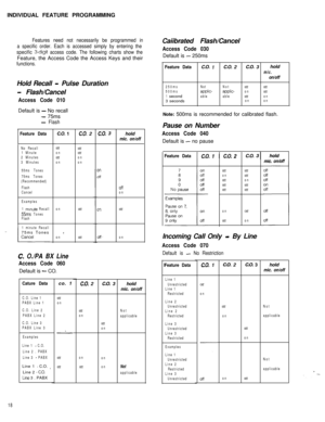 Page 19INDIVIDUAL FEATURE PROGRAMMINGFeatures need not necessarily be programmed in
a specific order. Each is accessed simply by entering the
specific 
3-digit access code. The following charts show theFeature, the Access Code the Access Keys and their
functions.Hold Recall 
- Pulse Duration
- Flash/Cancel
Access Code 010Default is 
- No recall
- 75ms
- FlashCaiibrated Flash/Cancel
Access Code 030Default is 
- 250ms
Feature DataC.O. 7C.O. 2co. 3holdmic.on/off
250msNotNotOffOff500msappk-applic-onOff1...