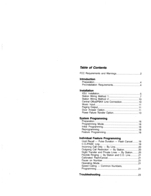 Page 18Table of Contents 
FCC  Requirements  and Warnings  . . . . . . . . . . . . . . . . . . . . . . . . . . . . . . . . . . .  2 
Introduction 
Preparation. . . 
. . . . . . . . . . . . . . . . . . . . . . . . . . . . . . . . . . . . . . . . . . . . . . . . . . . . . . . . . . . .  4 
Pre-installation  Requirements . . . . . . . . . . . . . . . . . . . . . . . . . . . . . . . . . . . . . . . .  4 
Installation 
KSU Installation.. 
.................................  .._ 
...................... 
5 
Station...