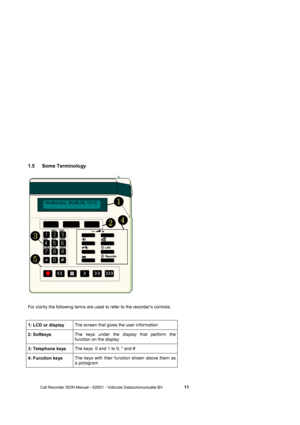 Page 11 
 
       Call Recorder ISDN Manual - ©2001 - Vidicode Datacommunicatie BV                   
11 
1.5  Some Terminology   
 
For clarity the following terms are used to refer to the recorder’s controls:  
 
1: LCD or display  The screen that gives the user information 
2: Softkeys    The keys under the display that perform the 
function on the display 
3: Telephone keys  The keys  0 and 1 to 9, * and # 
4: Function keys The keys with their function shown above them as 
a pictogram  