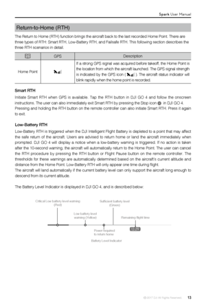 Page 13© 2017 DJI All Rights Reserved.  13
Return-to-Home (RTH)
The Return to Home (RTH) function brings the aircraft back to the last recorded Home Point. There are
three types of RTH: Smart RTH, Low-Battery RTH, and Failsafe RTH. This following section describes the
three RTH scenarios in detail.
GPSDescription
Home Point
If a strong GPS signal was acquired before takeoff, the Home Point is 
the location from which the aircraft launched. The GPS signal strength 
is  indicated  by  the  GPS  icon  (   ).  The...