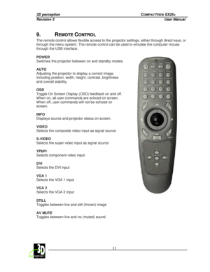 Page 163D perception             COMPACTVIEW SX25+ 
Revision 3                    User Manual   
 
  11 
 
 
9.  REMOTE CONTROL 
The remote control allows flexible access to the pr
ojector settings, either through direct keys, or 
through the menu system. The remote control can be u sed to emulate the computer mouse 
through the USB interface. 
 
POWER  
Switches the projector between on and standby modes .
 
  
AUTO  
Adjusting the projector to display a correct image, 
including position, width, height,...