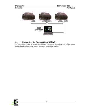 Page 223D perception             COMPACTVIEW SX25+ 
Revision 3                    User Manual   
 
  17 
 
 
 
 
12.2  Connecting the CompactView SX25+E 
The CompactView SX25+E must be connected to a chann el in a CompactUTM. For full details 
please see the CompactUTM  basic/CompactUTM zer0 Us er Manual. 
        