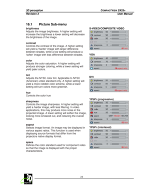 Page 283D perception             COMPACTVIEW SX25+ 
Revision 3                    User Manual   
 
  23 
 
 
16.1  Picture Sub-menu 
S-VIDEO/COMPOSITE VIDEO 
 
  
VGA 
 
DVI 
 
YPbPr (progressive) 
 
brightness  
Adjusts the image brightness. A higher setting will  
increase the brightness a lower setting will decrea se 
the brightness of the image.    
contrast  
Controls the contrast of the image. A higher settin g 
will yield a harder image with larger difference  
between shades, while a low setting will...