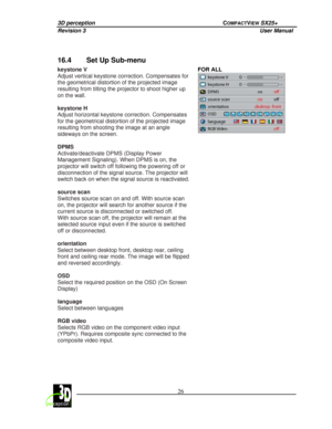 Page 313D perception             COMPACTVIEW SX25+ 
Revision 3                    User Manual   
 
  26 
 
 
 
16.4  Set Up Sub-menu 
keystone V  
Adjust vertical keystone correction. Compensates fo
r 
the geometrical distortion of the projected image 
resulting from tilting the projector to shoot highe r up 
on the wall.    
keystone H  
Adjust horizontal keystone correction. Compensates  
for the geometrical distortion of the projected ima ge 
resulting from shooting the image at an angle 
sideways on the...