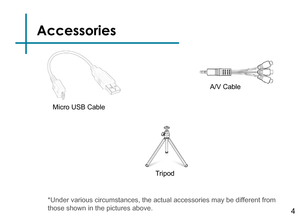 Page 6Accessories
4
*Under various circumstances, the actual accessories may be different from 
those shown in the pictures above.
Tripod
A/V Cable
Micro USB Cable 