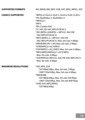 Page 17Specifcations
16
SUPPORTED FORMATS   AVI, RMVB, RM, MP4, VOB, DAT, MPG, MPEG, 3GP
CODECS SUPPORTED    *MPEG-4: DivX-4, DivX-5, DivX-6, XviD, H.263+
        *RV: RealVideo-3, RealVideo-4
        *MPEG2/1
        *MP3:
        *RA: Cooker/AAC
        *LC AAC,HE AAC,MP2,PCM,AC3
        *AVI (MPEG-4/MJPEG + MP3/LC AAC/HE 
          AAC/MP2/PCM/AC3)
        *MP4 (MPEG-4 + MP3/LC AAC/HE 
          AAC/MP2/PCM/AC3)  Max. bit-rate: 4 Mbps
        *RMVB/RM (RV + RA) Max. bit-rate: 2 Mbps...