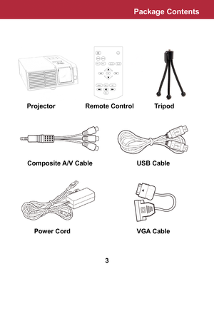 Page 4Package Contents
 Projector         Remote Control        Tripod
       Composite A/V Cable       USB Cable
 Power Cord           VGA Cable
3  