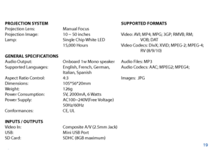 Page 20PROJECTION SYSTEM
Projection Lens:     Manual Focus
Projection Image:     10 ~ 50 inches
Lamp:       Single Chip White LED
      15,000 Hours
 
GENERAL SPECIFICATIONS 
Audio Output:     Onboard 1w Mono speaker
Supported Languages:   English, French, German, 
      Italian, Spanish
Aspect Ratio Control:   4:3
Dimensions:     105*56*20mm
Weight:       126g
Power Consumption:   5V, 2000mA, 6 Watts
Power Supply:     AC100~240V(Free Voltage)
      50Hz/60Hz
Conformances:     CE, UL
 
INPUTS / OUTPUTS 
Video...