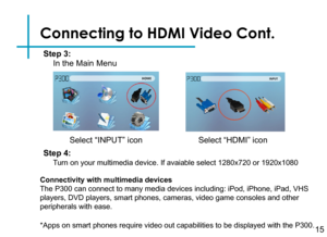 Page 17Connecting to HDMI Video Cont.
Connectivity with multimedia devices
The P300 can connect to many media devices including: iPod, iPhone, iPad\
, VHS 
players, DVD players, smart phones, cameras, video game consoles and oth\
er 
peripherals with ease.
*Apps on smart phones require video out capabilities to be displayed with the P300.15
Step 3:
In the Main Menu 
Turn on your multimedia device. If avaiable select 1280x720 or 1920x1080
Step 4:
HDMI Adapter
Select “INPUT” iconSelect “HDMI” icon 