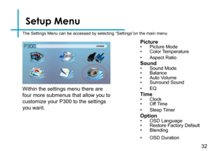 Page 34Setup Menu
32
The Settings Menu can be accessed by selecting “Settings”on the ma\
in menu
Picture• Picture Mode• Color Temperature
• Aspect Ratio 
Sound• Sound Mode• Balance• Auto Volume• Surround Sound
• EQ
Time• Clock• Off Time
• Sleep Timer
Option• OSD Language• Restore Factory Default• Blending
• OSD Duration
Within the settings menu there are 
four more submenus that allow you to 
customize your P300 to the settings 
you want. 