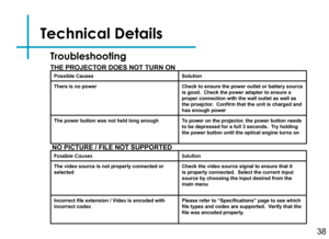 Page 40Technical Details
38
THE PROJECTOR DOES NOT TURN ONPossible CausesSolution
There is no powerCheck to ensure the power outlet or battery source is good.  Check the power adapter to ensure a proper connection with the wall outlet as well as the proejctor.  Confirm that the unit is charged and has enough power
The power button was not held long enoughTo power on the projector, the power button needs to be depressed for a full 3 seconds.  Try holding the power button until the optical engine turns on
NO...