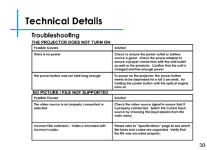 Page 33Technical Details
30
THE PROJECTOR DOES NOT TURN ONPossible CausesSolution
There is no powerCheck to ensure the power outlet or battery source is good.  check the power adapter to ensure a proper connection with the wall outlet as well as the proejctor.  Confirm that the unit is charged and has enough power
The power button was not held long enoughTo power on the projector, the power button needs to be depressed for a full 3 seconds.  try holding the power button until the optical engine turns on
NO...