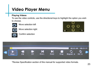 Page 2523
Video Player Menu
Playing Videos
To use the video controls, use the directional keys to highlight the opti\
on you wish 
to choose.  
*Review Specification section of this manual for supported video formats.
Move selection left
Move selection right
Confirm selection 