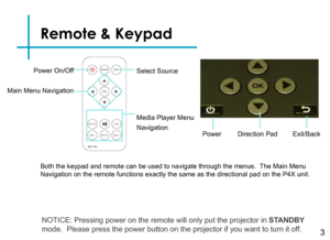 Page 5Remote & Keypad
3
NOTICE: Pressing power on the remote will only put the projector in STANDBY 
mode.  Please press the power button on the projector if you want to tur\
n it off.
Power On/Off
 
Main Menu Navigation
Select Source
Media Player Menu 
NavigationPowerExit/BackDirection Pad
Both the keypad and remote can be used to navigate through the menus.  The Main Menu Navigation on the remote functions exactly the same as the directional p\
ad on the P4X unit. 