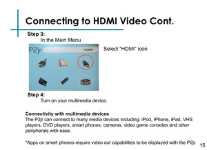 Page 17Connecting to HDMI Video Cont.
Connectivity with multimedia devices
The P2jr can connect to many media devices including: iPod, iPhone, iPad\
, VHS 
players, DVD players, smart phones, cameras, video game consoles and oth\
er 
peripherals with ease.
*Apps on smart phones require video out capabilities to be displayed wit\
h the P2jr.
15
Step 3:
Select “HDMI” icon 
In the Main Menu 
Turn on your multimedia device.
Step 4:
HDMI Adapter 