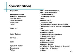 Page 45Specifications
Dimensions 
Weight
Brightness 
Native Resolution
Maximum Resolution
Contrast Ratio
Projectoin Lens:
Image Size: 
Lamp:
 
Video in:Audio Output:
SD Card  
USB:
Digital TV Tuner
800 Lumens (Plugged In)
400 Lumens (Battery) 
1280x800(WXGA)
1920x1080(1080P)
2000:1 
Manual Focus
15~200 inches 
Triple RGB LEDs with Vibrant Color 
Technology Life 20,000hrs Composite
 A/V
VGA(mini-VGA)
HDMI(mini-HDMI)
2.0 W dual stereo speakers
3.5 mm audio jack
MicroSD Card Slot
(32GB maximum) 
USB Host Reader...