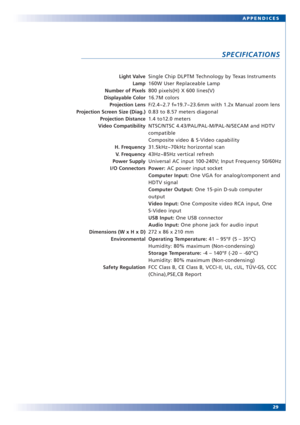 Page 2829 APPENDICES
SPECIFICATIONS
Light Valve
Lamp
Number of Pixels
Displayable Color
Projection Lens
Projection Screen Size (Diag.)
Projection Distance
Video Compatibility
H. Frequency
V. Frequency
Power Supply
I/O Connectors
Dimensions (W x H x D)
Environmental
Safety RegulationSingle Chip DLPTM Technology by Texas Instruments
160W User Replaceable Lamp
800 pixels(H) X 600 lines(V)
16.7M colors
F/2.4~2.7 f=19.7~23.6mm with 1.2x Manual zoom lens
0.83 to 8.57 meters diagonal
1.4 to12.0 meters
NTSC/NTSC...