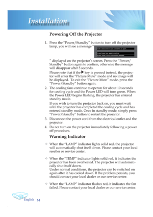 Page 14English
14
Installation
Warning Indicator
