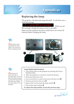 Page 35English
35
Appendices
 Replacing the lamp
The projector will detect the lamp life itself.  It will show you a 
warning message 
“ 
” When you see 
this message, change the lamp as soon as possible.  
Make sure the projector has been cooled down for at least 30 
minutes before changing the lamp. 
Warning: Lamp 
compartment is hot!  
Allow it to cool down 
before changing lamp!
Warning: To 
reduce the risk of 
personal injury, do not 
drop the lamp module 
or touch the lamp bulb. 
The bulb may shatter 
and...