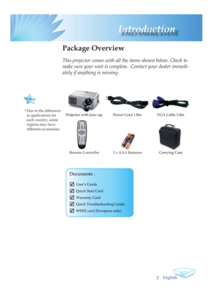 Page 7English
7
Introduction
Power Cord 1.8m VGA Cable 1.8m
Remote ControllerProjector with lens cap
 Package  Overview
This projector comes with all the items shown below. Check to 
make sure your unit is complete.  Contact your dealer immedi-
ately if anything is missing.
Carrying Case
 2 x AAA Batteries 