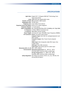 Page 29
29
APPENDICES
SPECIFICATIONS
Light V
alve
Lamp
Number of Pixels
Displayable Color Projection Lens
Projection Screen Size (Diag.)
Projection Distance
V ideo Compatibility
H. Frequency
V. Frequency
Power Supply
I/O Connectors
Dimensions (W x H x D) Environmental
Safety RegulationSingle 0.55 12 Degr ee DDR DLP™ Technology from
Texas Instruments
200W SHP User Replaceable Lamp
800 pixels(H) X 600 lines(V)
16.7M colors
f=22.326.8, F/2.62.81mm
0.63 to 5.21 meters diagonal
1.2 to10 metres
P AL, SECAM 625/576i\p...