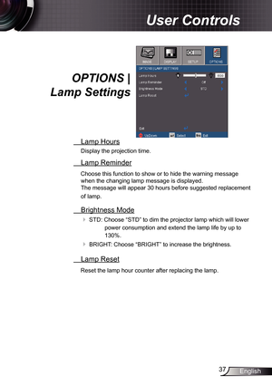 Page 37
37English

User Controls

OPTIONS | 
Lamp Settings
 Lamp Hours
Display the projection time.
 Lamp Reminder
Choose this function to show or to hide the warning message 
when the changing lamp message is displayed.  
The message will appear 30 hours before suggested replacement 
of lamp.
 Brightness Mode
 STD: Choose “STD” to dim the projector lamp which will lower 
power consumption and extend the lamp life by up to 
30%. 
 BRIGHT: Choose “BRIGHT” to increase the brightness.
 Lamp Reset
Reset the...