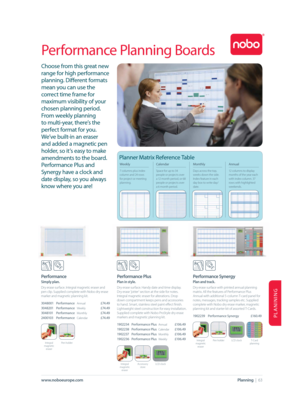 Page 63PLANINING
Planning  |  63www.noboeurope.com
 
Performance Planning Boards
 
Performance
 
Simply plan.
Dry erase surface. Integral magnetic eraser and 
pen clip. Supplied complete with Nobo dry erase 
marker and magnetic planning kit.
   3048001 Performance 
Annual £74.49
3048201 Performance 
Weekly £74.49
3048101 Performance 
Monthly  £74.49
2400103 Performance 
Calendar £74.49
Integral 
magnetic 
eraserPen holder
  Performance Plus
 
Plan in style.
  Dry erase surface. Handy date and time display. 
Dry...