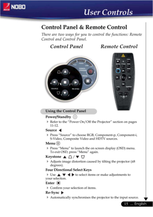 Page 1515... English
Using the Control Panel
Power/Standby
Refer to the “Power On/Off the Projector” section on pages
11-12.
Source
Press “Source” to choose RGB, Component-p, Component-i,
S-Video, Composite Video and HDTV sources.
Menu
Press “Menu” to launch the on screen display (OSD) menu.
To exit OSD, press “Menu” again.
Keystone / 
Adjusts image distortion caused by tilting the projector (±8
degrees).
Four Directional Select Keys
Use to select items or make adjustments to
your selection.
Enter
Confirm...